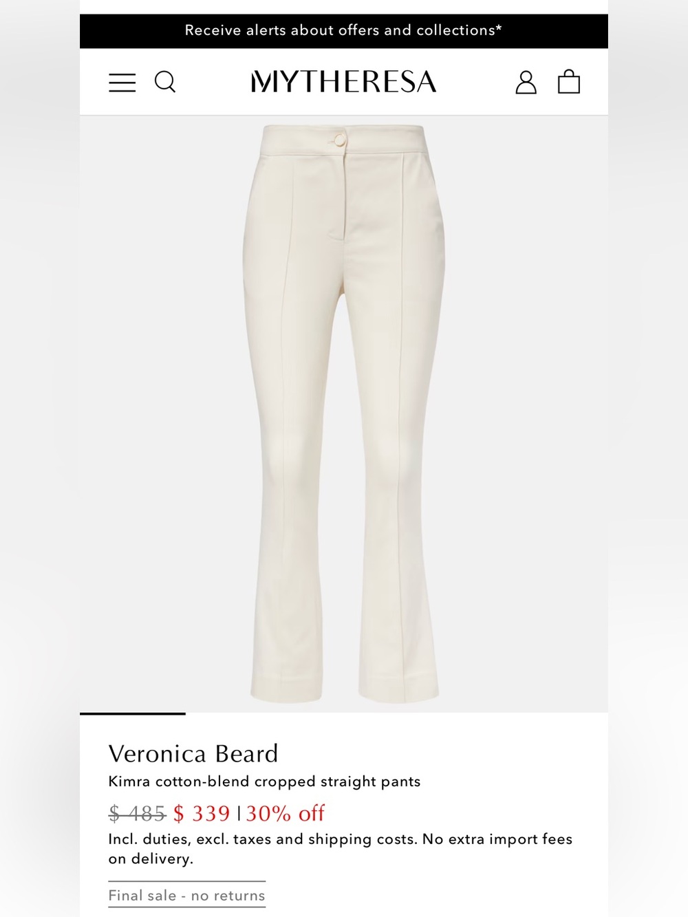Veronica Beard Kimra Pant in Ecru NWT size 8